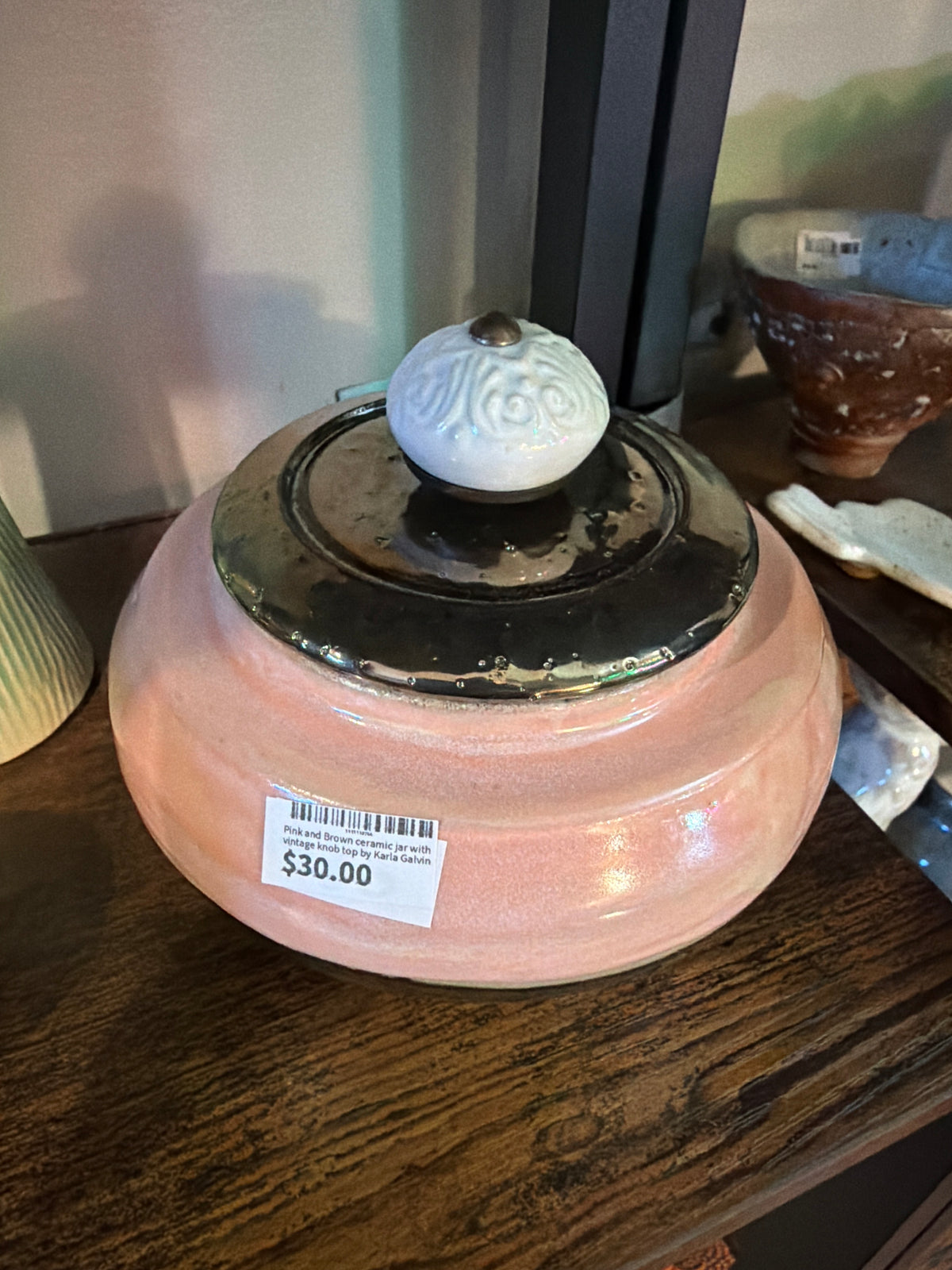 Pink and Brown ceramic jar with vintage knob top by Karla Galvin