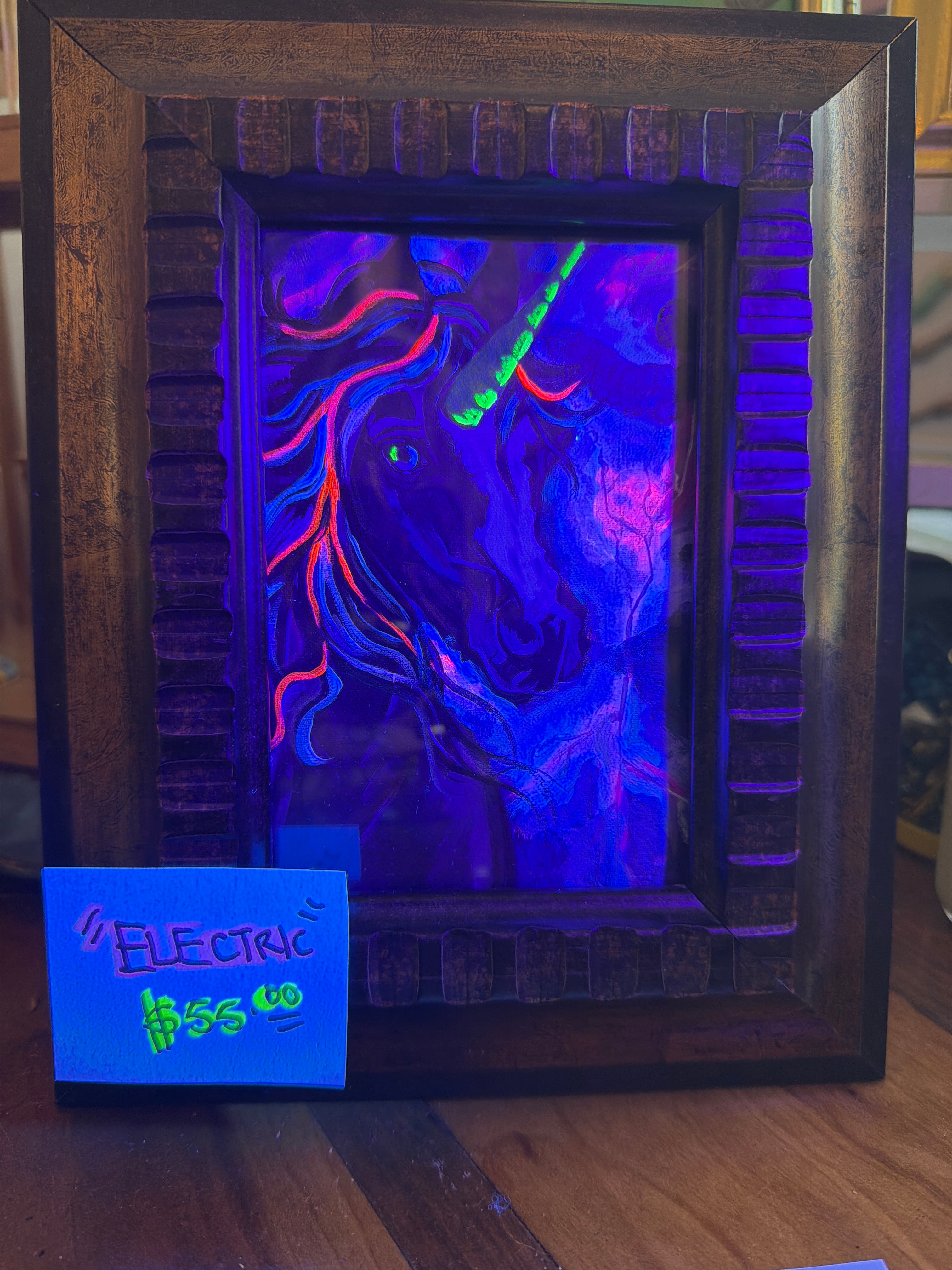 Kim Gillespie: "Electric" Framed Acrylic on Canvas Paper Black Light Reactive Original Artwork