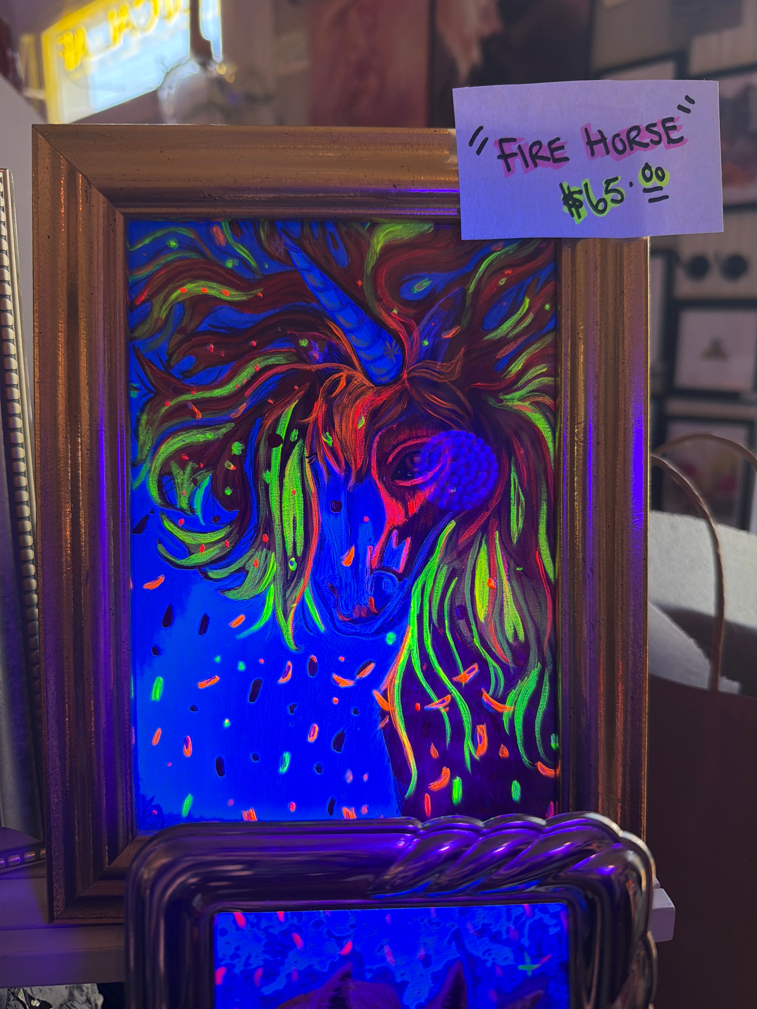 Kim Gillespie: "Fire Horse" Framed Acrylic on Canvas Paper Black Light Reactive Original Artwork
