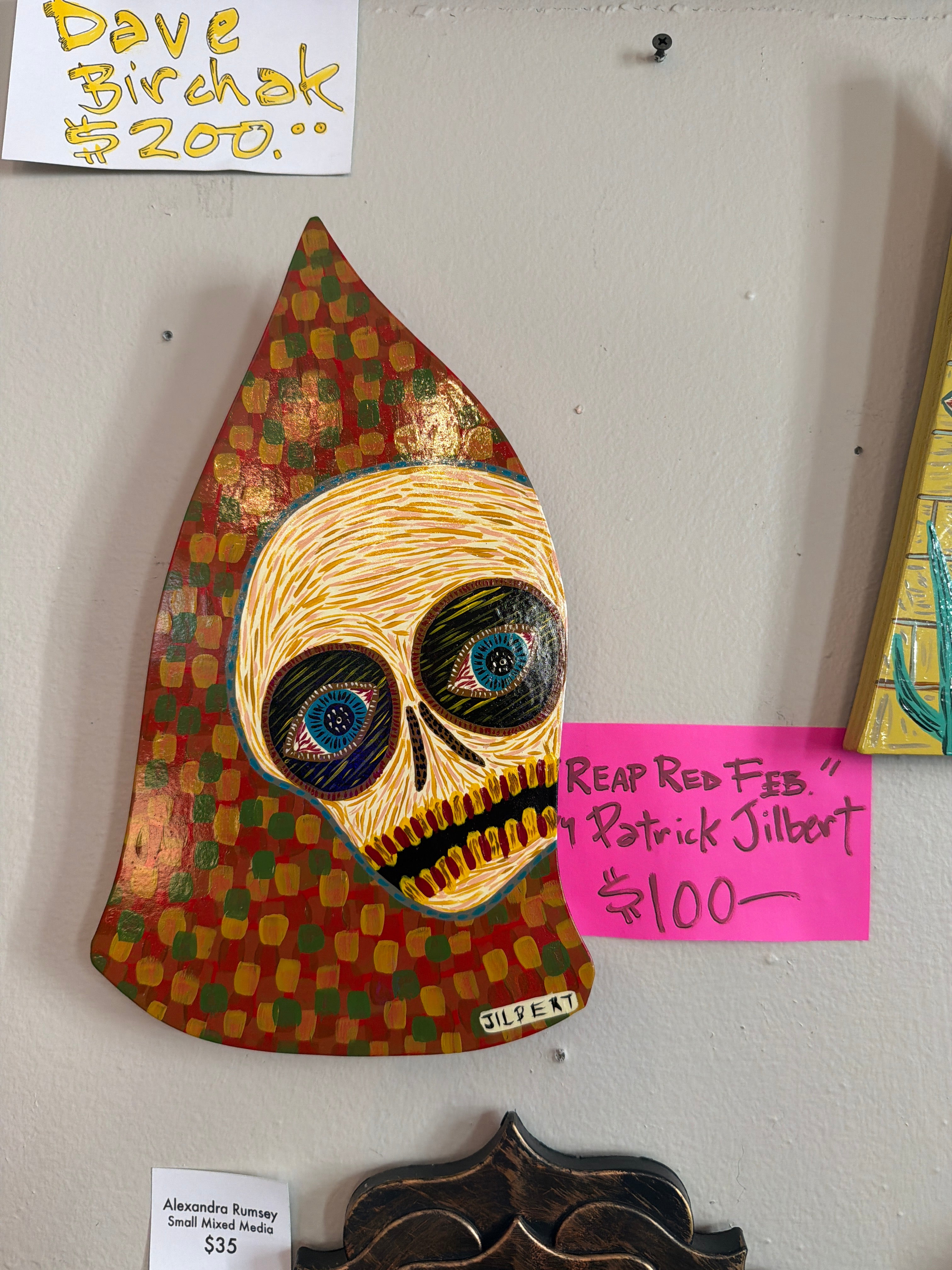 "Reap Red Feb" - acrylic on shape cut wood, 12"x7" - by Patrick Jilbert