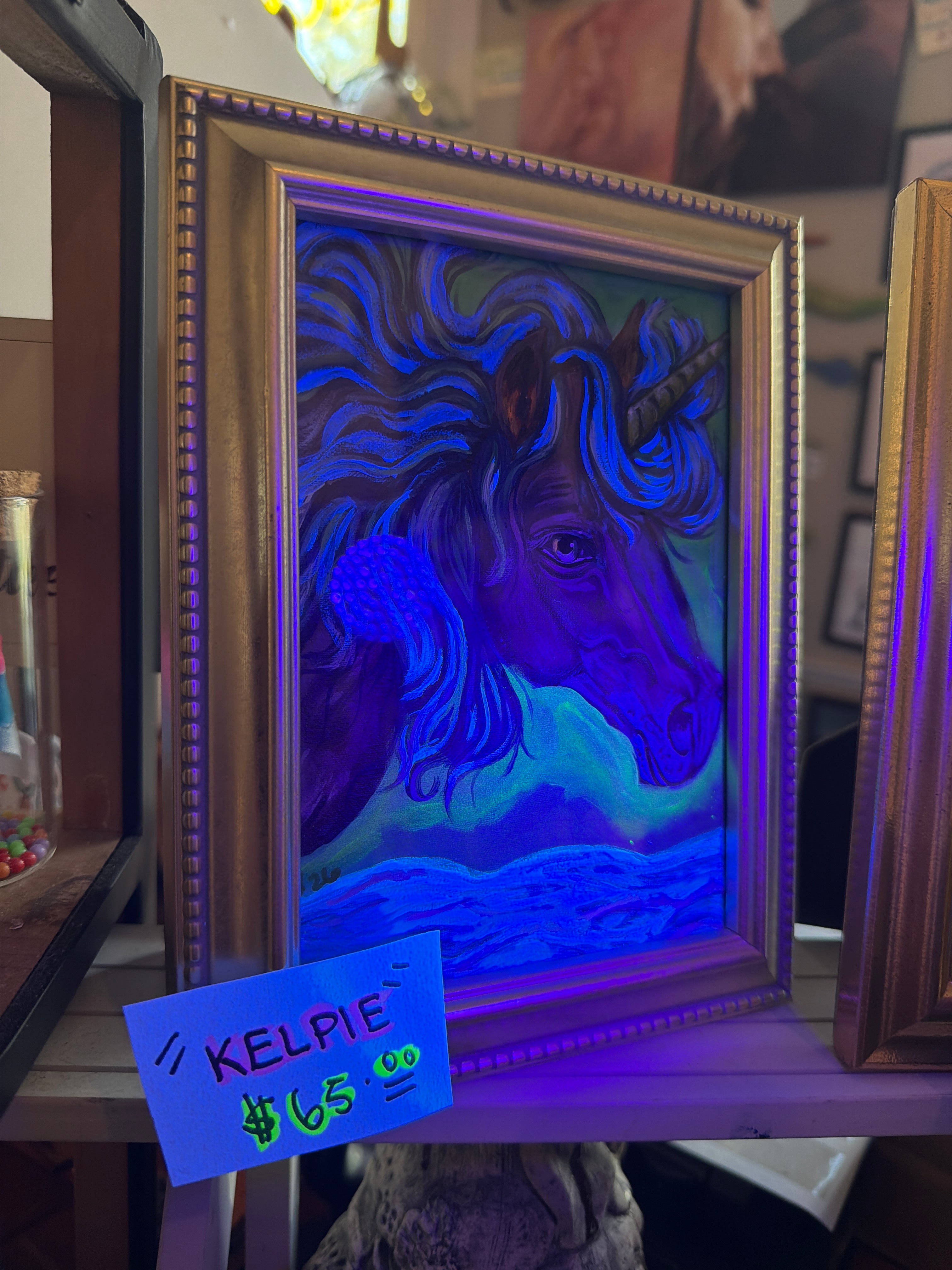 Kim Gillespie: "Kelpie" Framed Acrylic on Canvas Paper Black Light Reactive Original Artwork