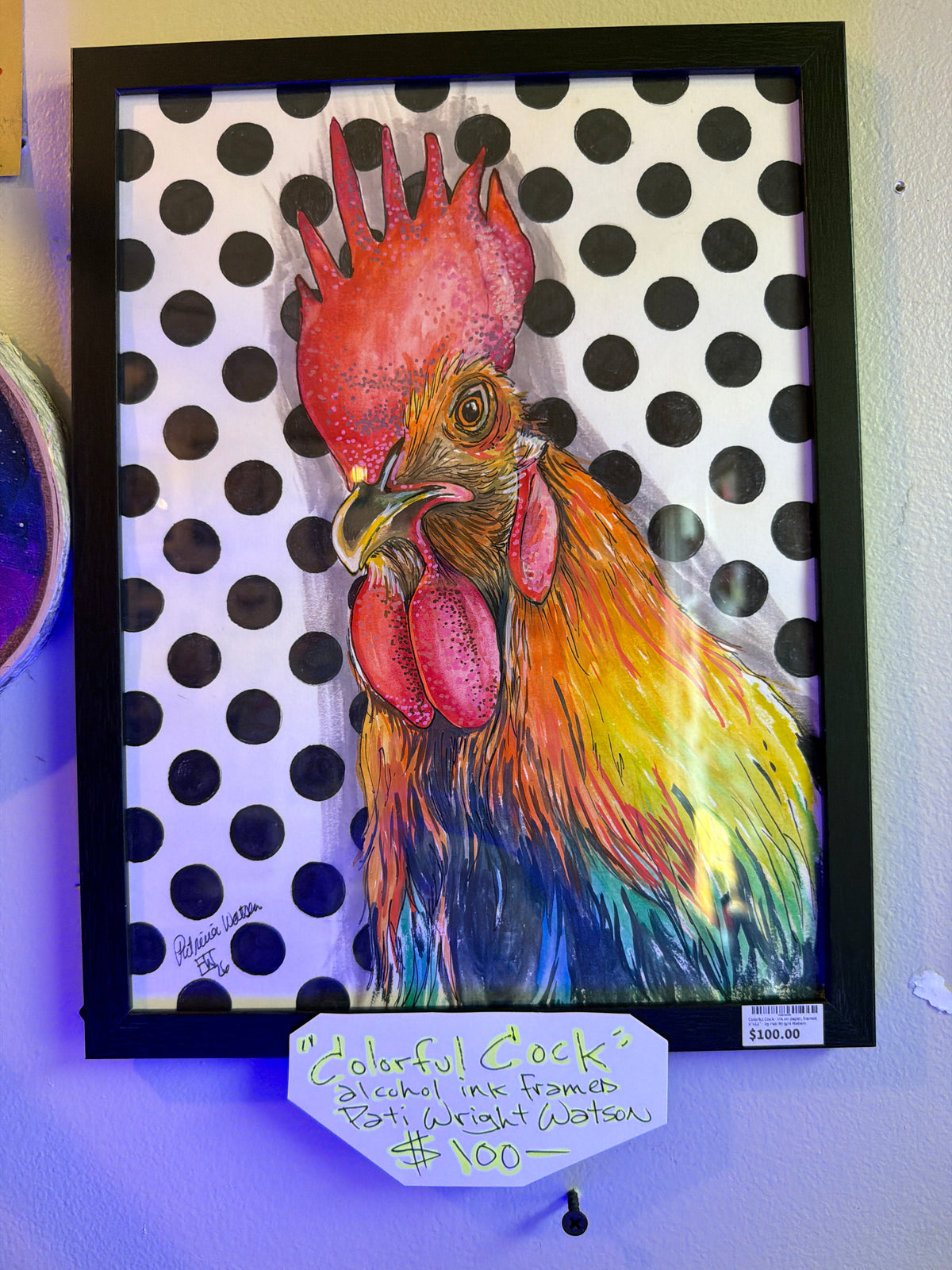 Colorful Cock - ink on paper, framed 9"x12" - by Pati Wright Watson