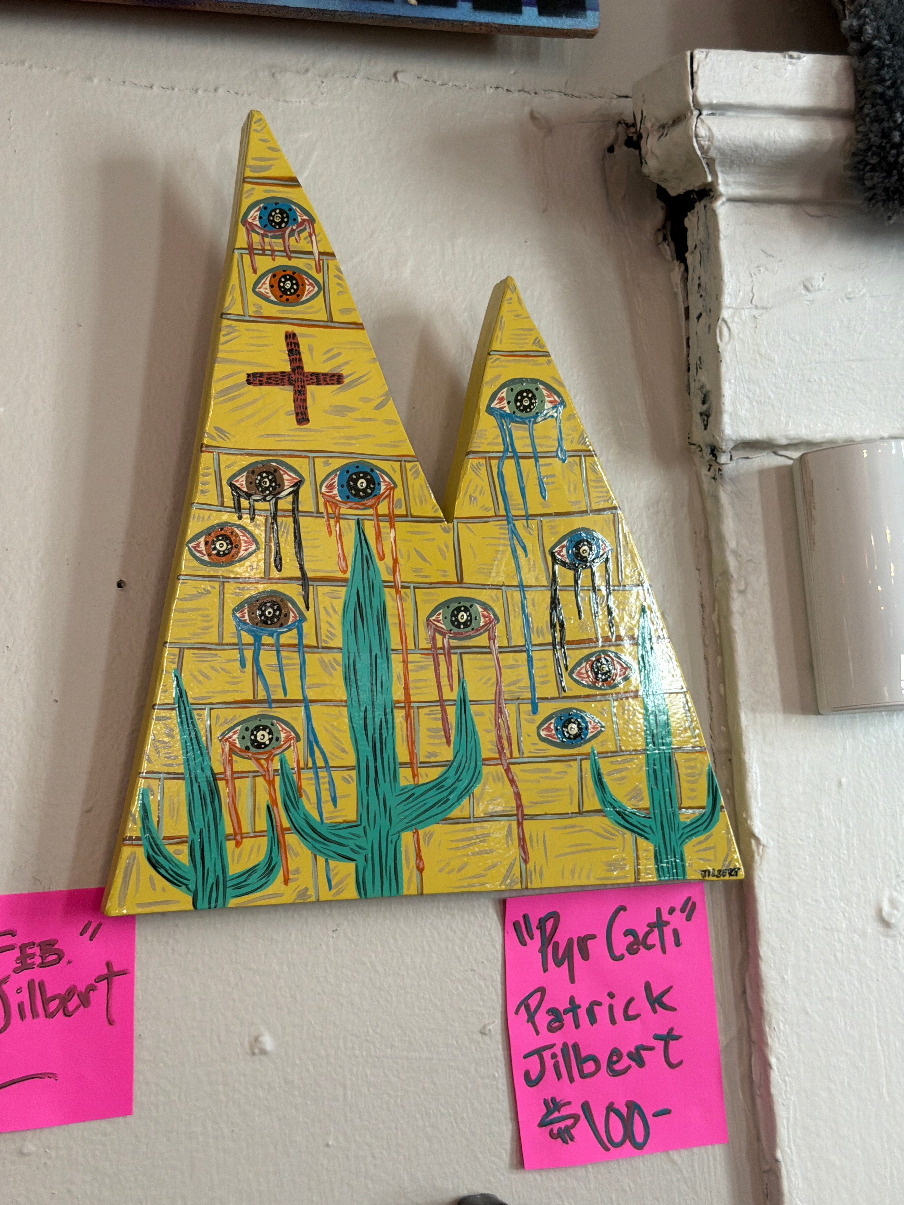 "Pyr Cacti" - acrylic on shape cut wood, 9.5"x11.5" - by Patrick Jilbert