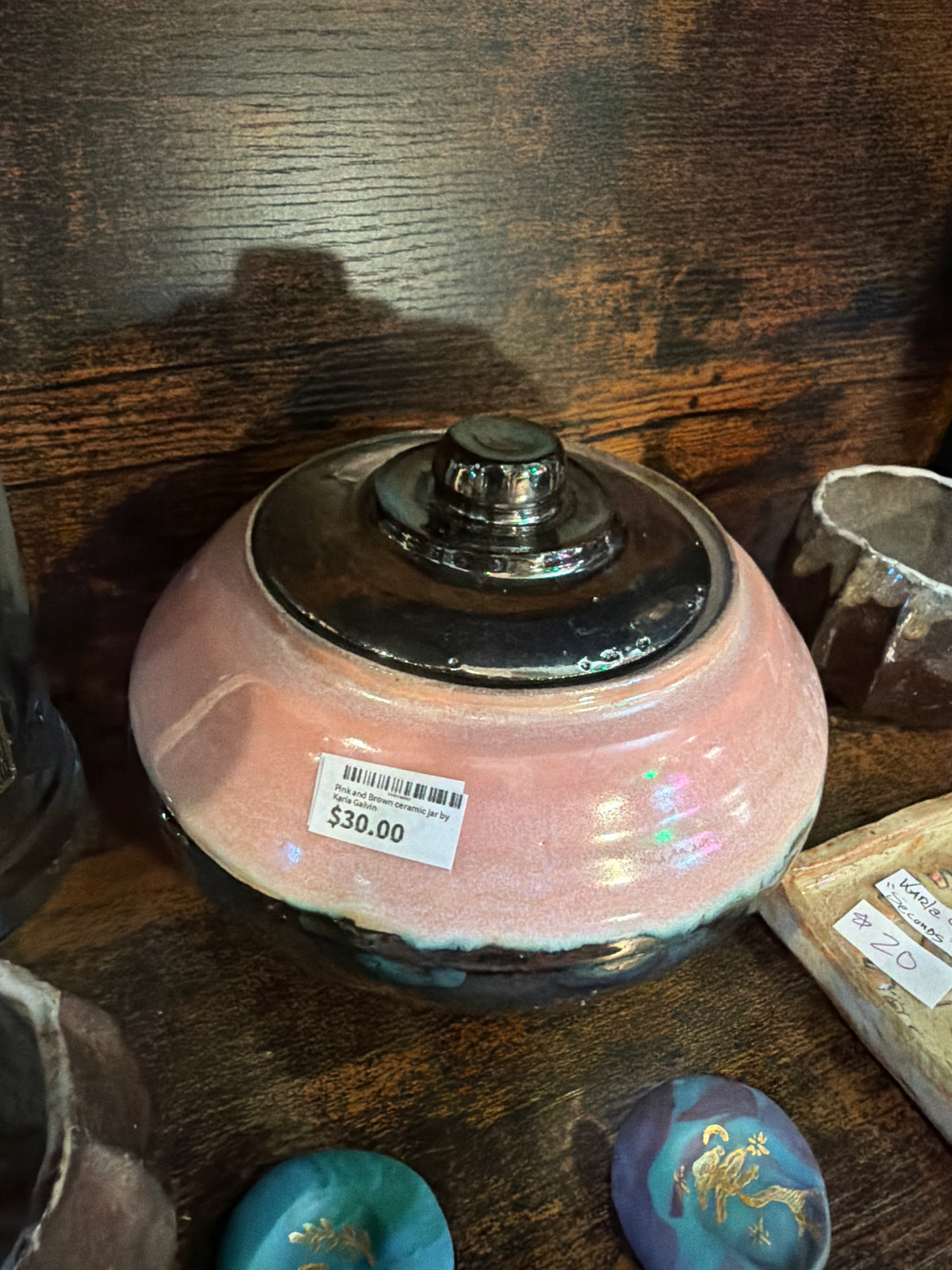 Pink and Brown ceramic jar by Karla Galvin
