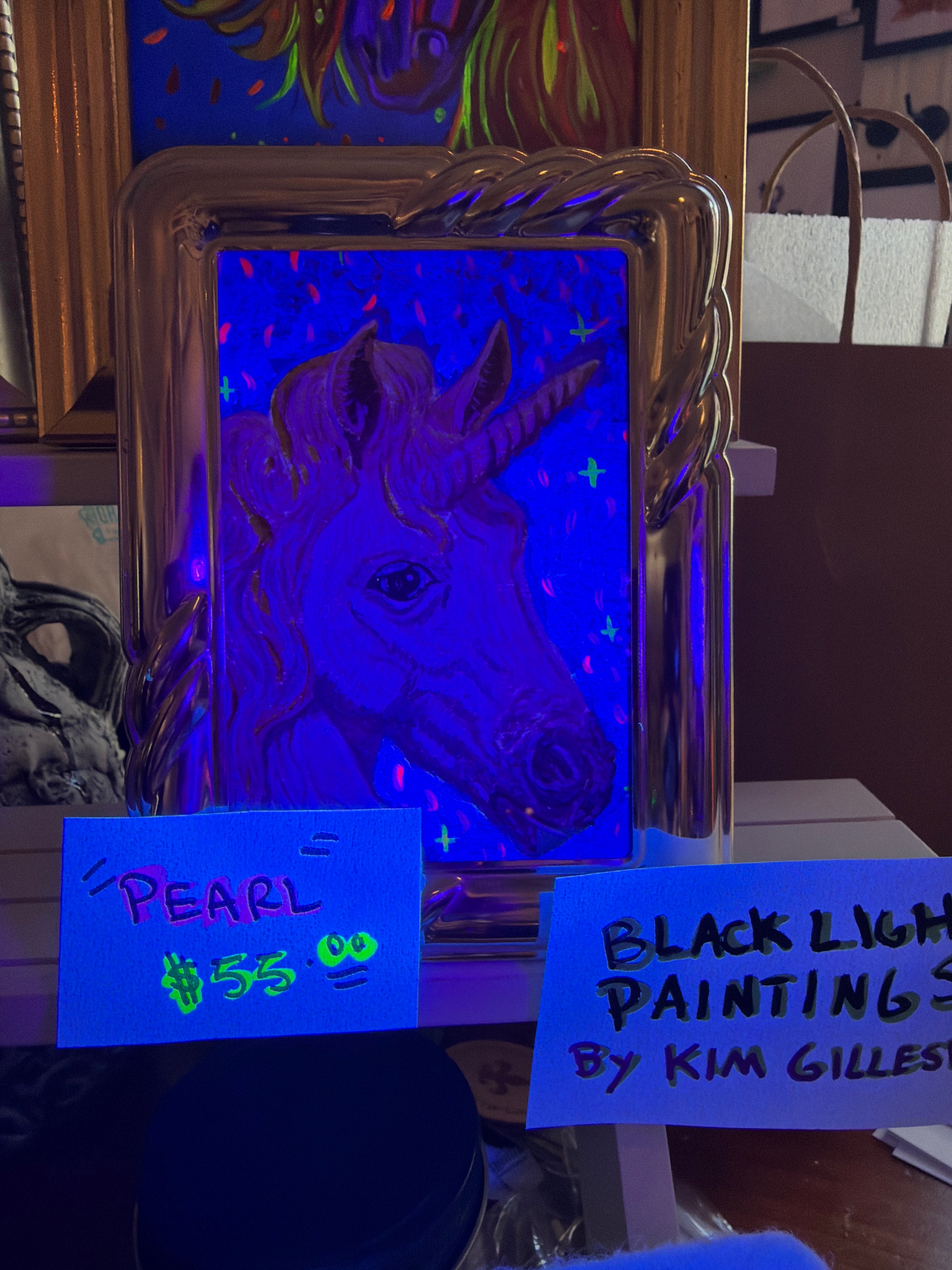 Kim Gillespie: "Pearl" Framed Acrylic on Canvas Paper Black Light Reactive Original Artwork