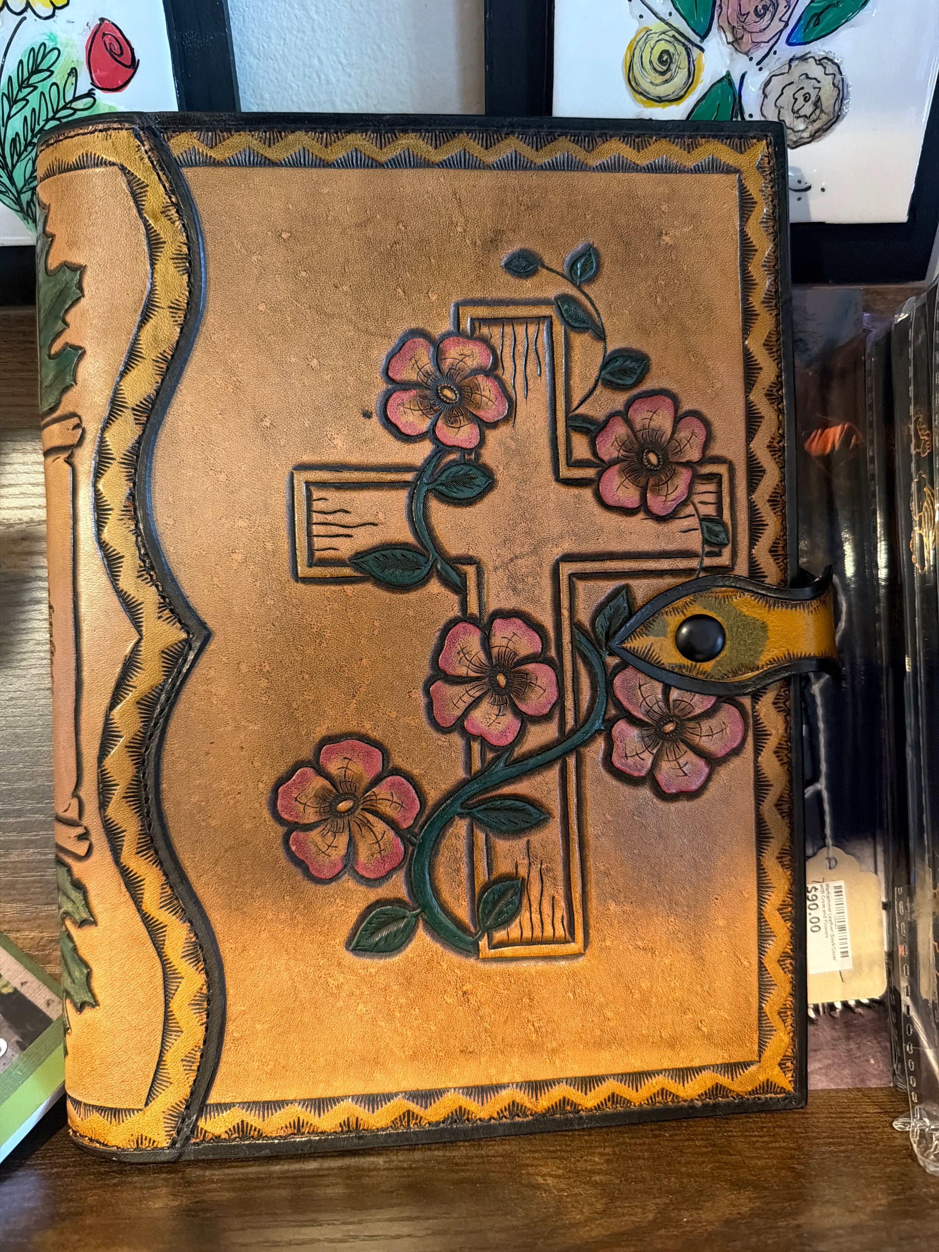 Warhammer Leather: Book Cover with Cross and Flowers