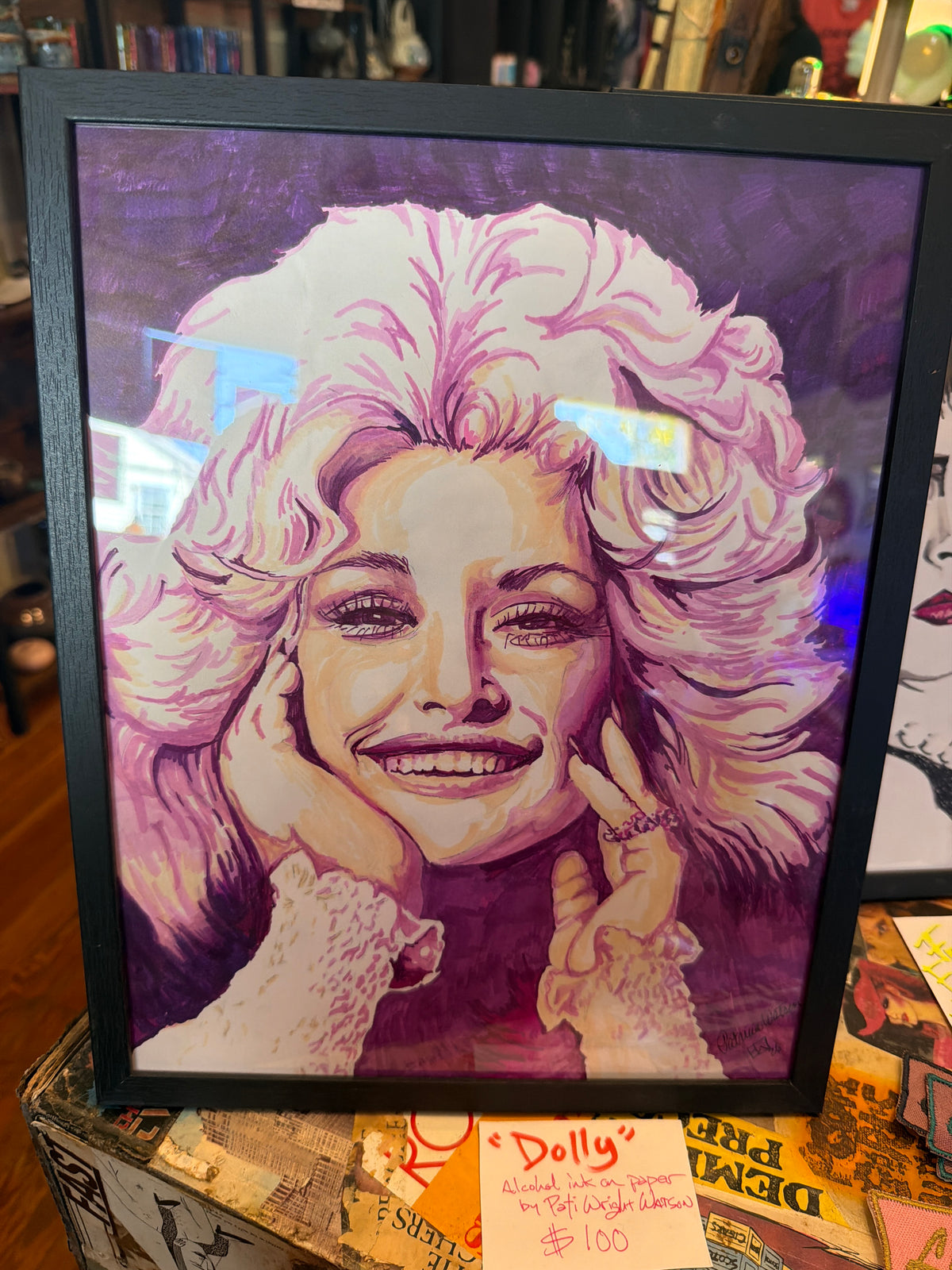 Dolly Parton, alcohol markers on paper, framed  by Pati Wright Watson