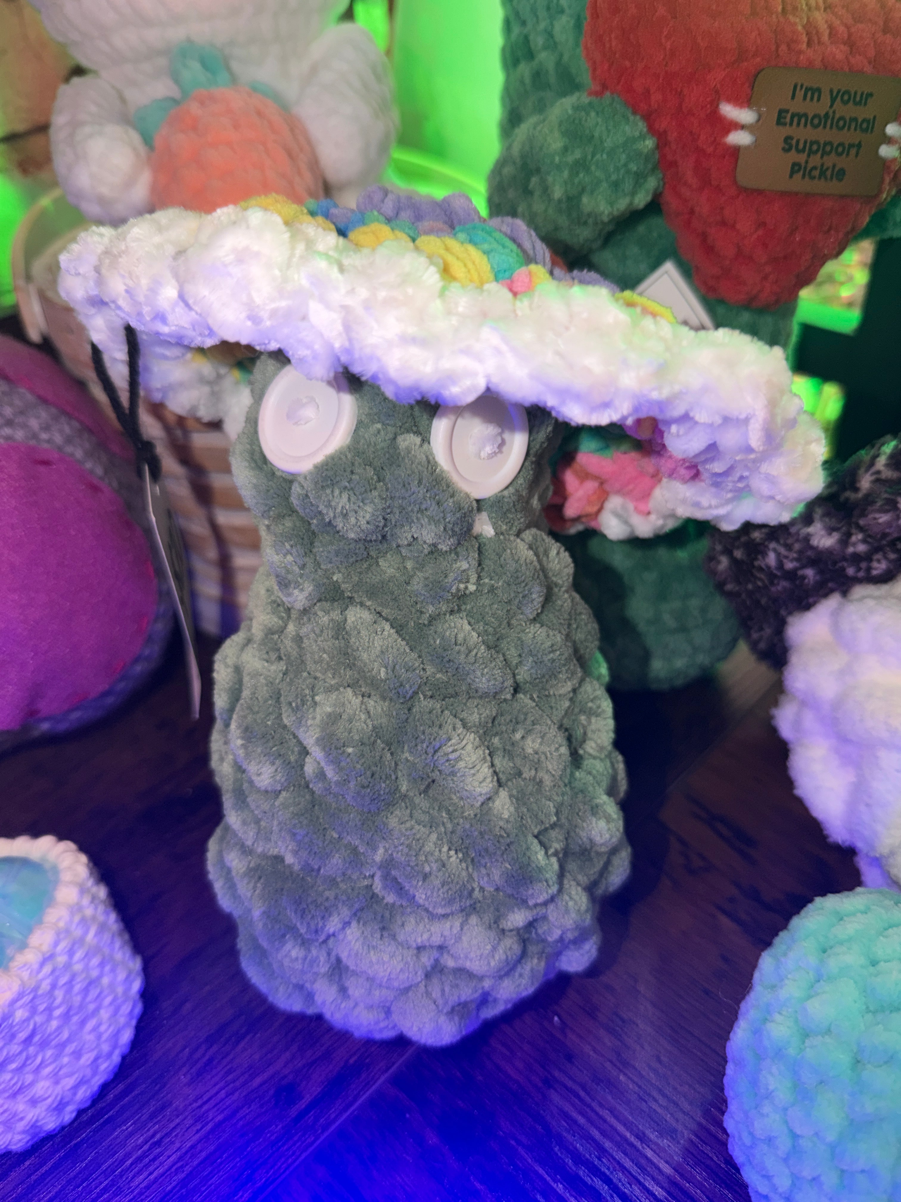 Tall Crocheted Mushroom Buddy with Rainbow Hat by Mary Curvey