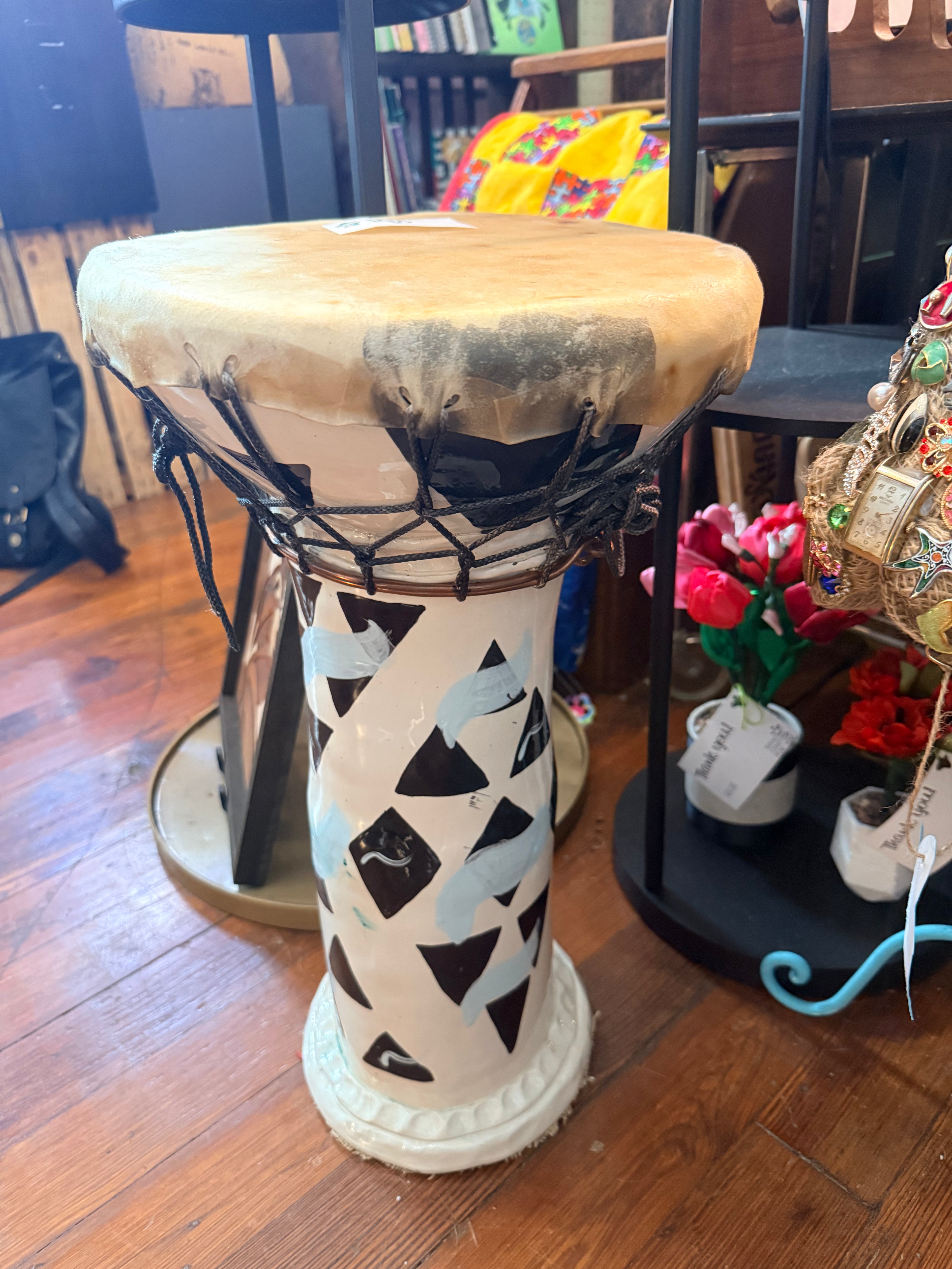 Vickey Reed: Ceramic Drum with Hide Drum Head (white, black, sky blue)