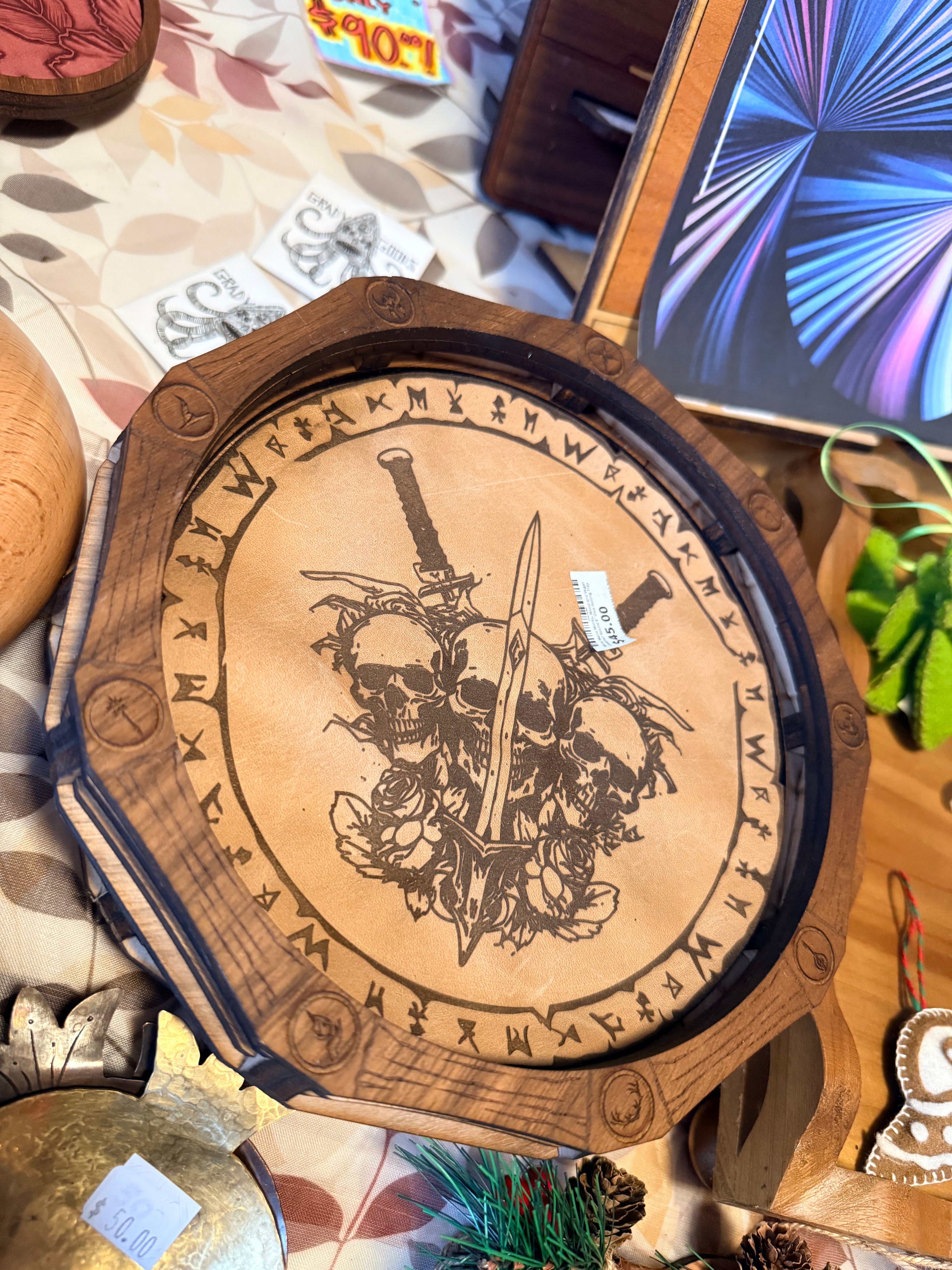 Minx Manx Monks: Wood and Vegan Leather Round 8" Dice Rolling Tray