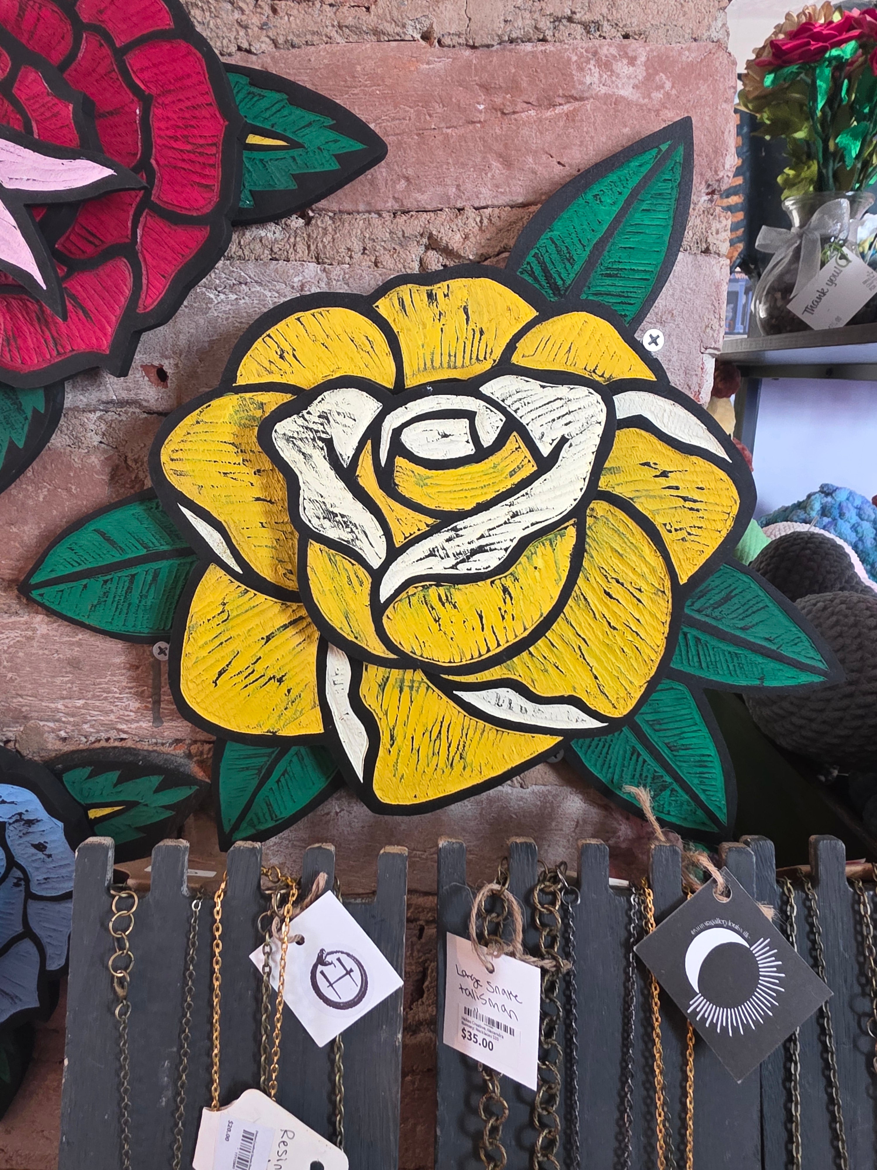 Trad Rose Yellow # 2 - carved and painted wood, 12"x12" (shape cut) Erich Neitzke