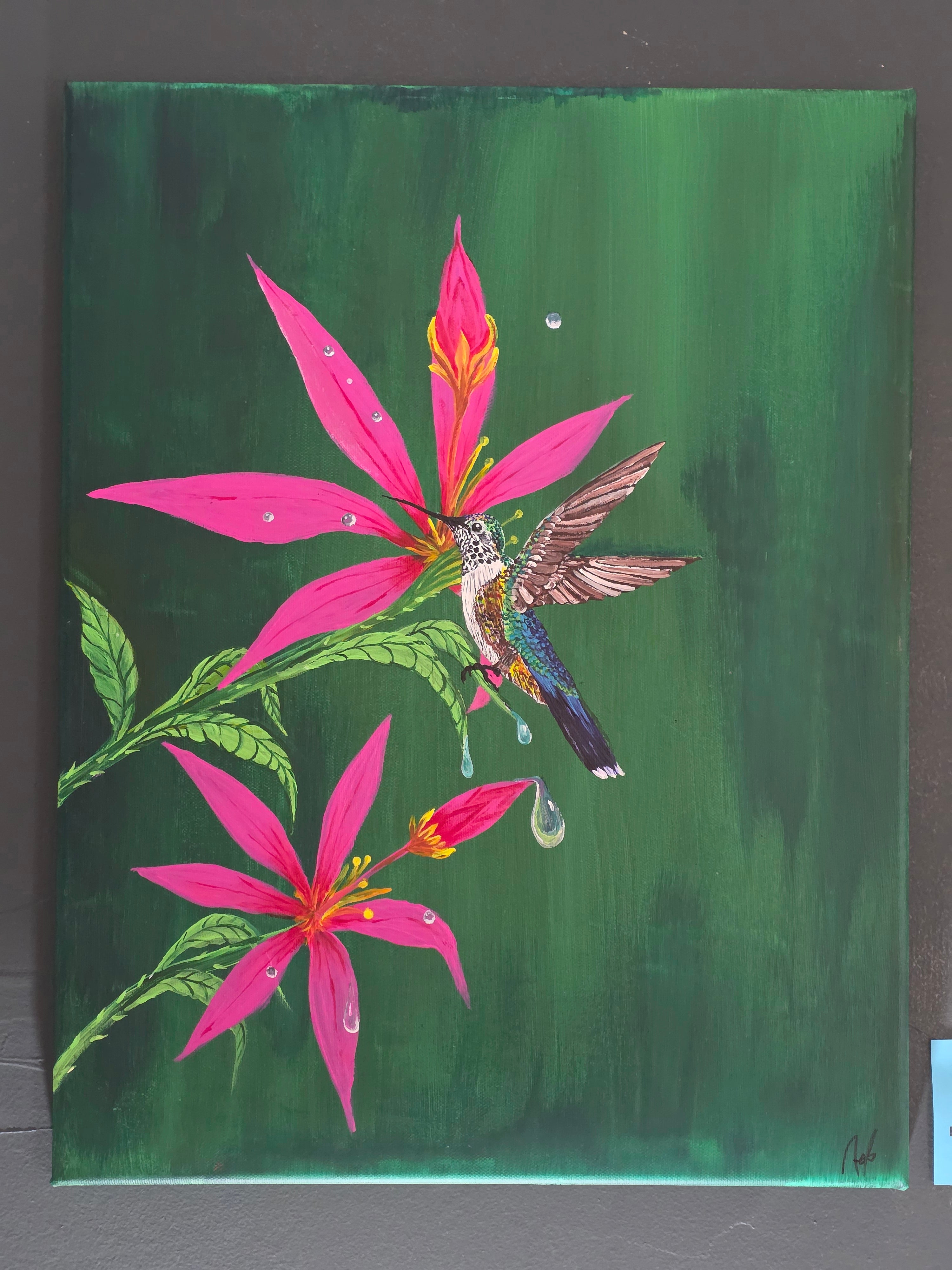 Hummingbird, acrylic on canvas, 14"x18" by Elionais Acosta Santiesteban