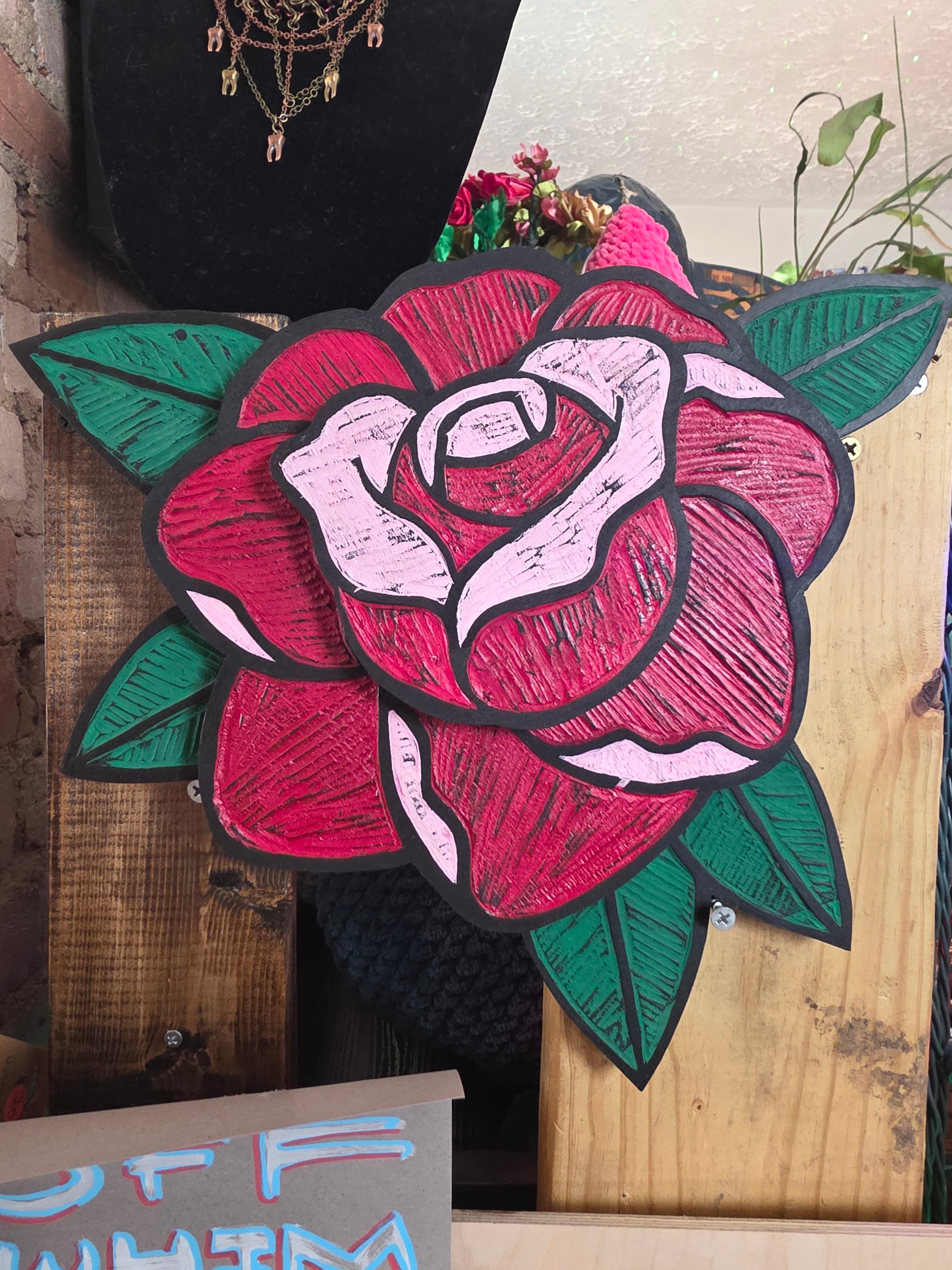 Trad Rose Red # 2 - carved and painted wood, 13"x11" (shape cut) Erich Neitzke